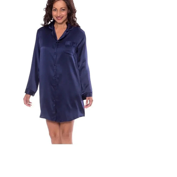 SATIN BLUE JACQUARD SEMI SHEER OVERSIZED BUTTON UP COLLARED SLEEP SHIRT SIZE S - Picture 3 of 16
